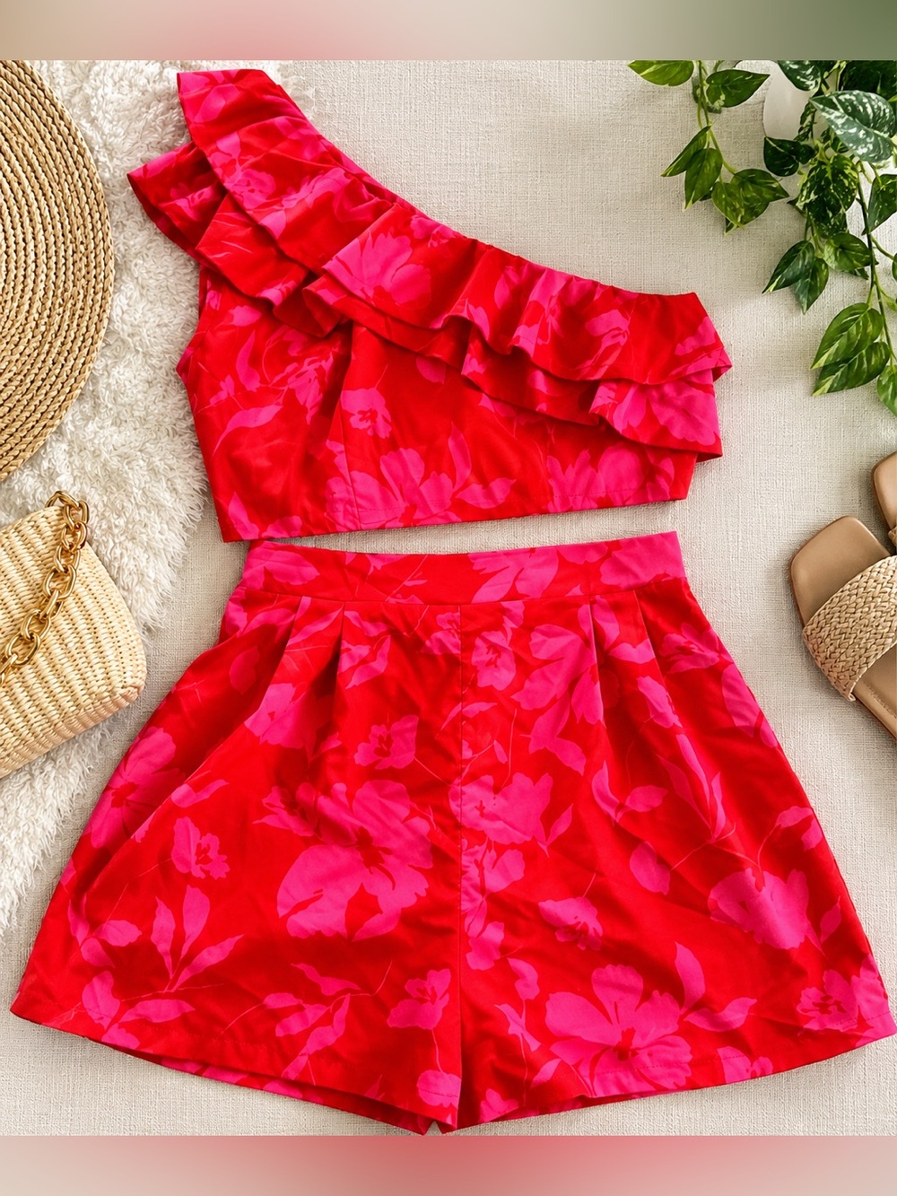 Babe Couture Rose Boulevard Red & Pink Floral Two-Piece Set – Size Medium